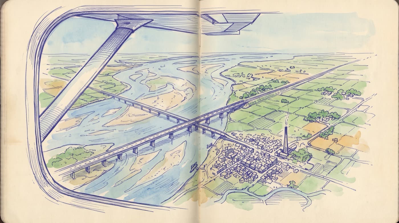 An aerial sketch of a wide braided river with a long bridge, a railway and a small town with a chimney