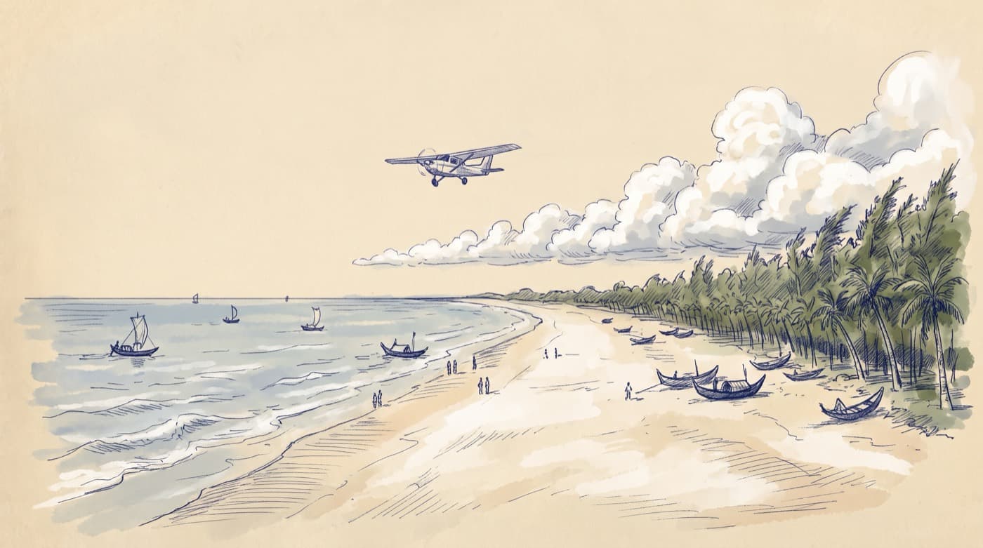 Sketch of a long sandy beach on a sunny afternoon with trees leaning inland in the sea breeze, a line of cumulus clouds over the land along the coast, clear sky over the sea and a small aircraft flying along the shore