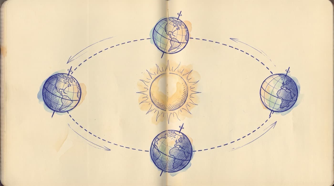 The Sun with four Earths around a dashed orbit, every axis tilted the same way