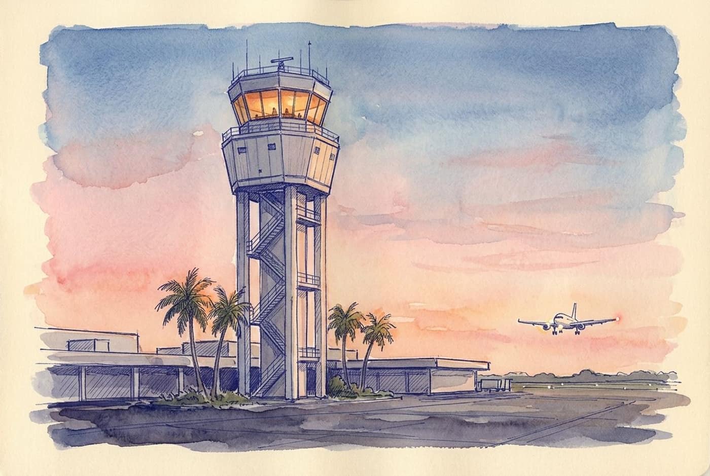 Sketch of an airport control tower at dusk with lit windows, an airliner on short final in the distance