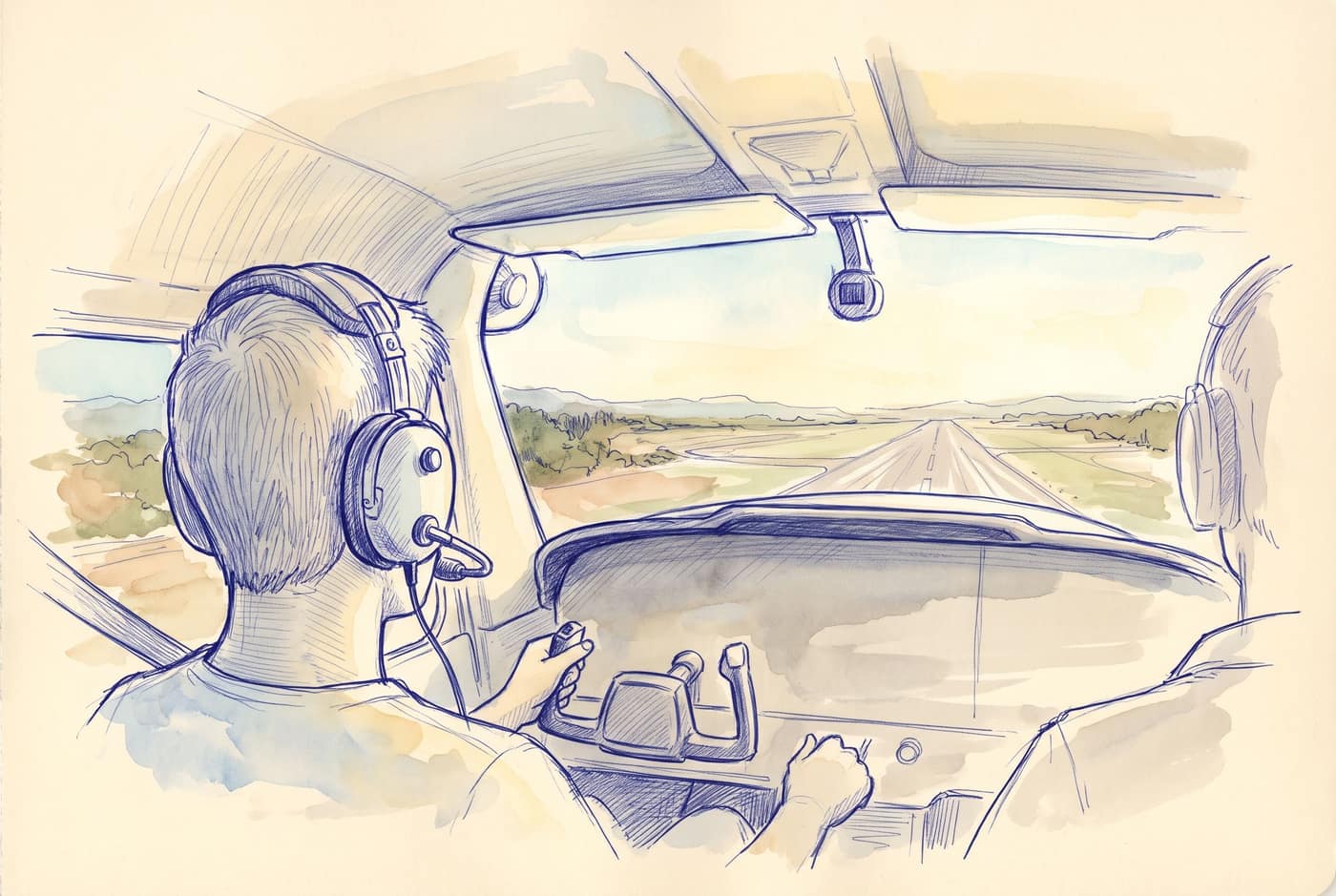 Sketch from behind a student pilot wearing a headset in a small training aircraft, looking out at a runway ahead
