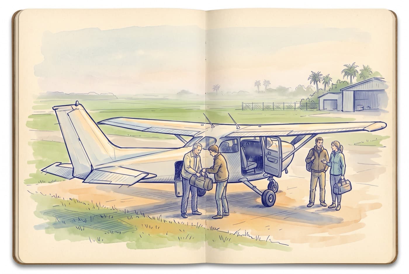 Sketch of a four-seat high-wing trainer on a grass airfield, an instructor and a student putting a bag into its rear baggage door, two passengers waiting
