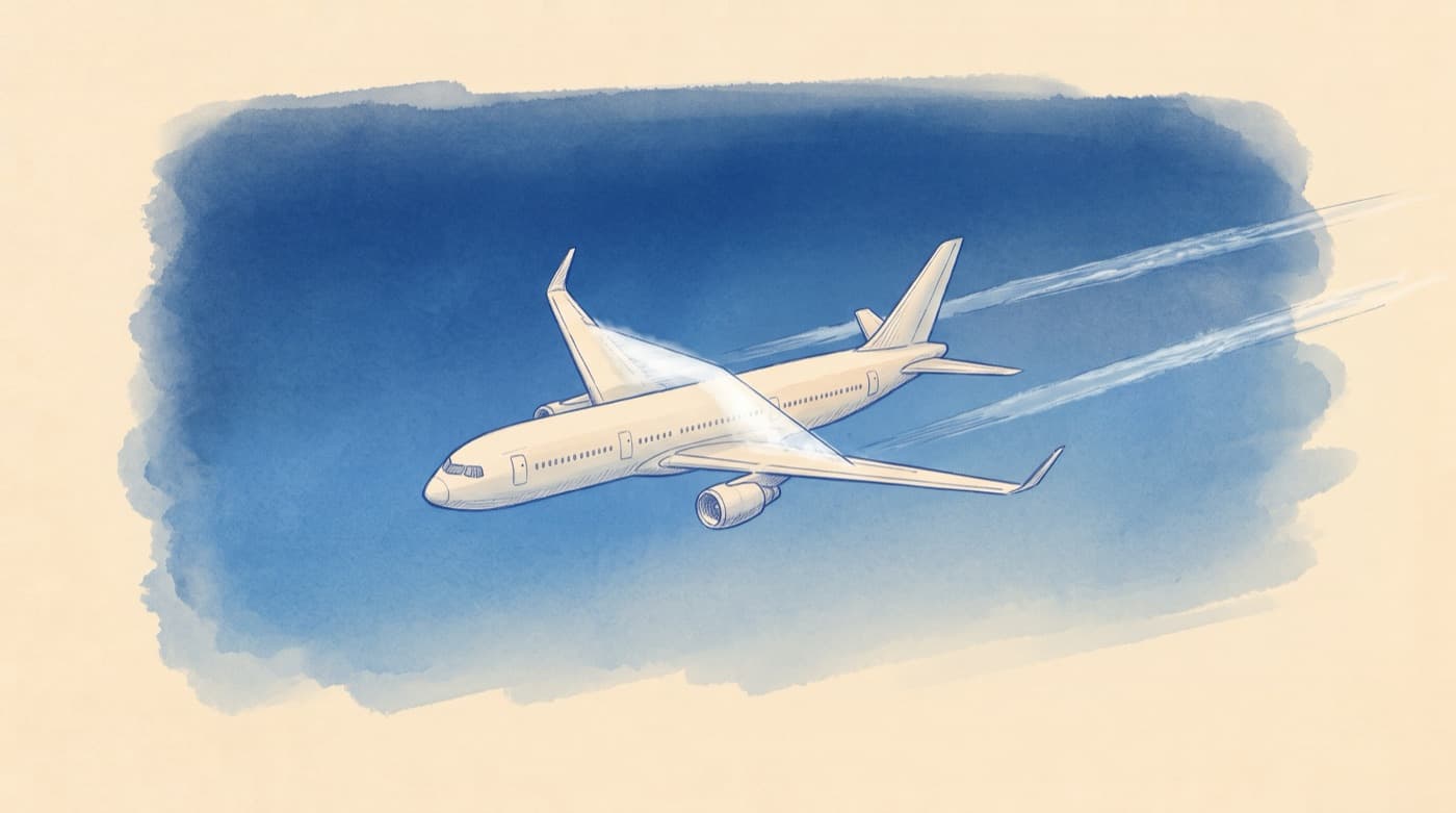 Sketch of a swept-wing jet at high speed with a thin shock line and a misty vapour patch standing on top of the wing