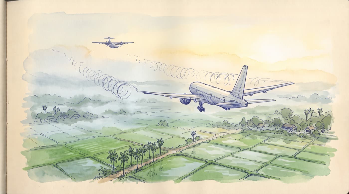 Sketch of a large twin-jet airliner on approach low over rice paddies, corkscrew vortices trailing from its wingtips, a small turboprop further back