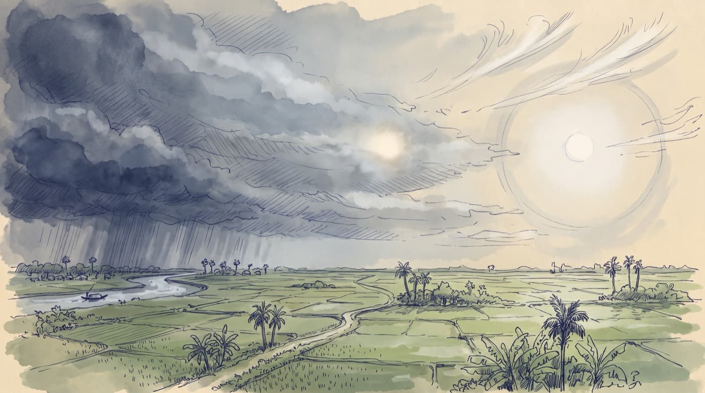 Sketch of a wide sky over farmland: thin cirrus and a halo round the sun on one side, thickening into a grey altostratus sheet, and low dark nimbostratus with steady rain over a river on the other side