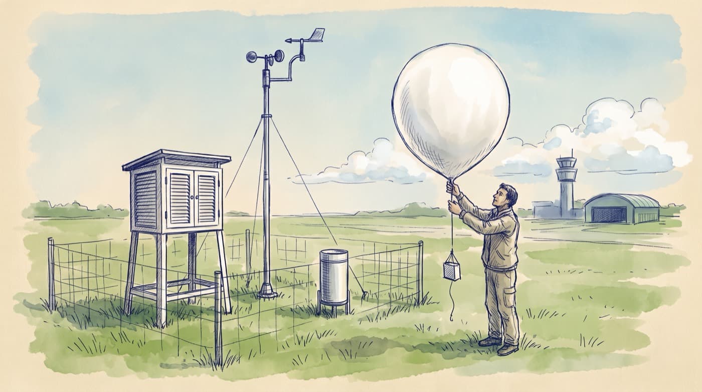 Sketch of an airfield weather station: a white louvred Stevenson screen on legs, a mast with a wind vane and cup anemometer, a rain gauge, and a person releasing a weather balloon with a radiosonde