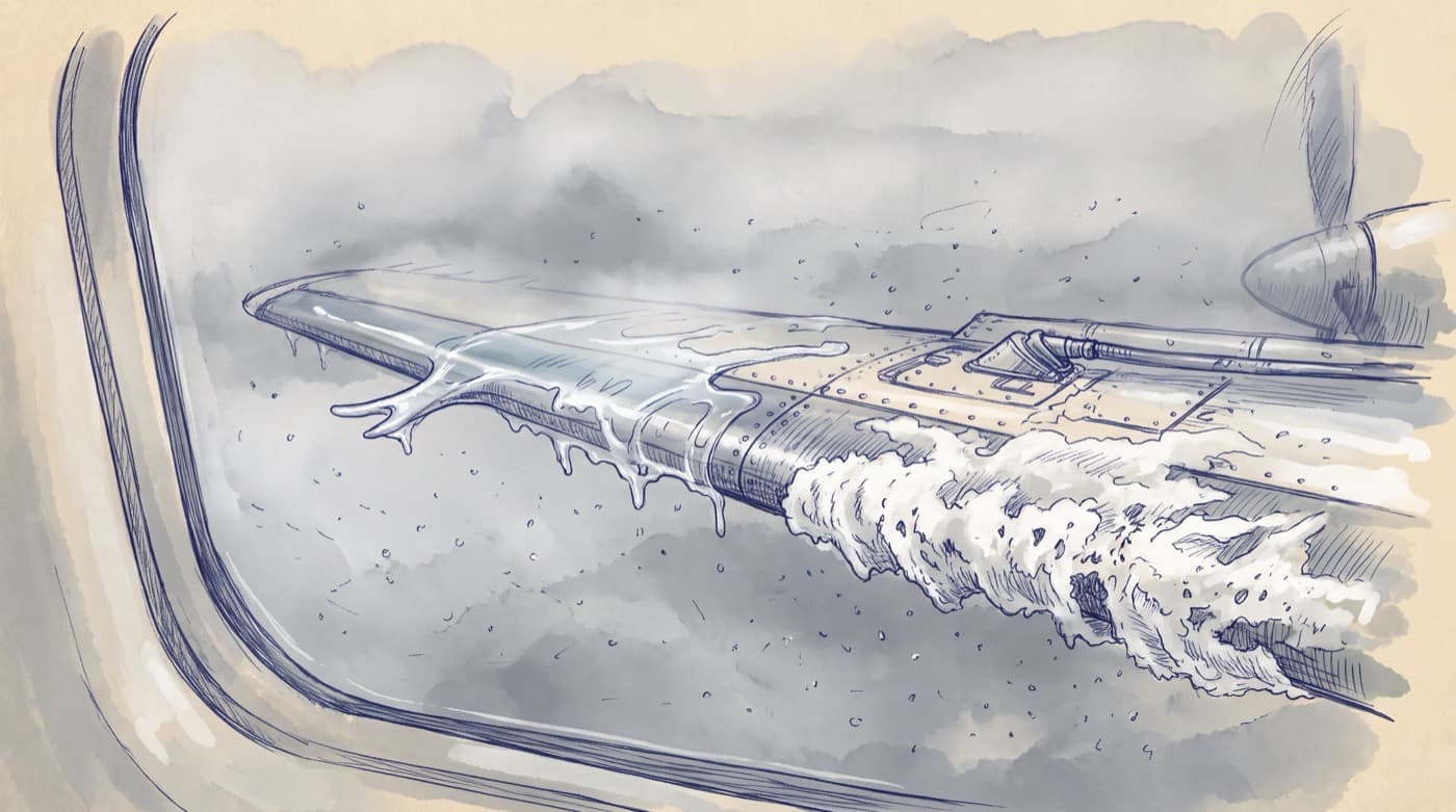 Sketch from a cabin window of a turboprop wing in cloud: on one part a glossy clear ice sheet with drips running back, on another part rough white rime ice growing forward from the leading edge